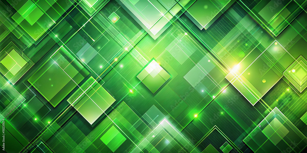 Poster colorful green shapes overlay in varying sizes and transparencies to form a dynamic abstract pattern