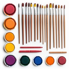 Assorted Art Supplies with Paints and Brushes on a White Surface