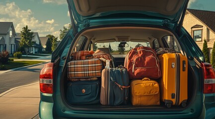 Preparing for a family road trip with packed luggage on a sunny day in a suburban neighborhood