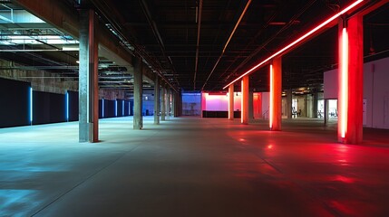 Fototapeta premium An empty workout area in an industrial hall, showcasing metal beams, concrete textures, and bold neon lights casting dynamic shadows, designed for a modern and dramatic atmosphere
