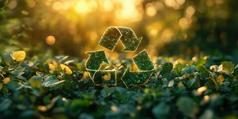 Recycle symbol constructed from foliage textures amidst vibrant green leaves in a forest with golden glow sustainable theme