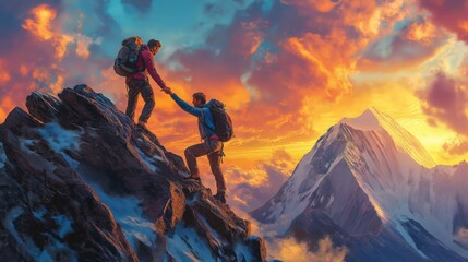 Two Climbers Overcoming Mountain Challenge Together