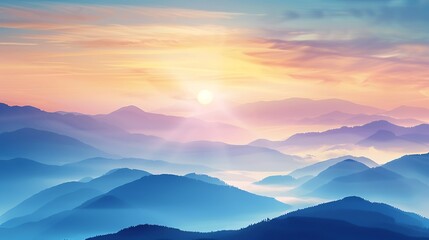 Sunrise in the misty mountains. Beautiful nature landscape background.