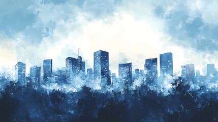 Fototapeta premium City skyline with dark sky-blue and dark white on watercolor background. Cerulean. Illustration