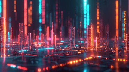 A mesmerizing 3D-rendered cityscape filled with glowing neon structures. The abstract representation of data patterns flowing through a futuristic metropolis showcases a blend of modern architecture