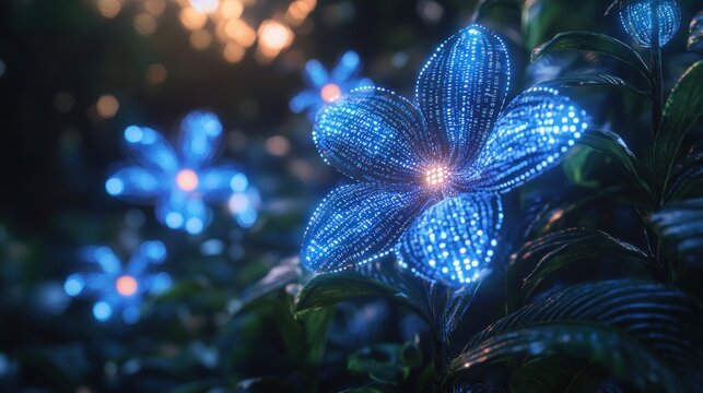A blue glowing flower made of binary code in a virtual garden, with soft light adding a magical touch to the surreal atmosphere.