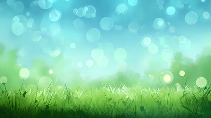 Obraz premium Dreamy green meadow beneath a cerulean sky, wooden bokeh glows. Cerulean. Illustration