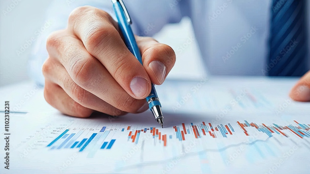 Poster business professional analyzing financial data with pen on document in office setting, focusing on c
