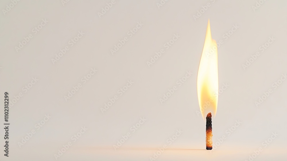 Poster a close-up of a single matchstick burning with a vibrant flame against a soft neutral background emp
