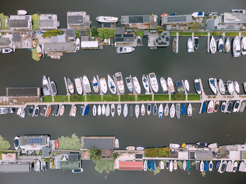 Aerial View of Houses on Loosdrechtse Plassen Lake with Islands and Canals. Scheendijk, Netherlands