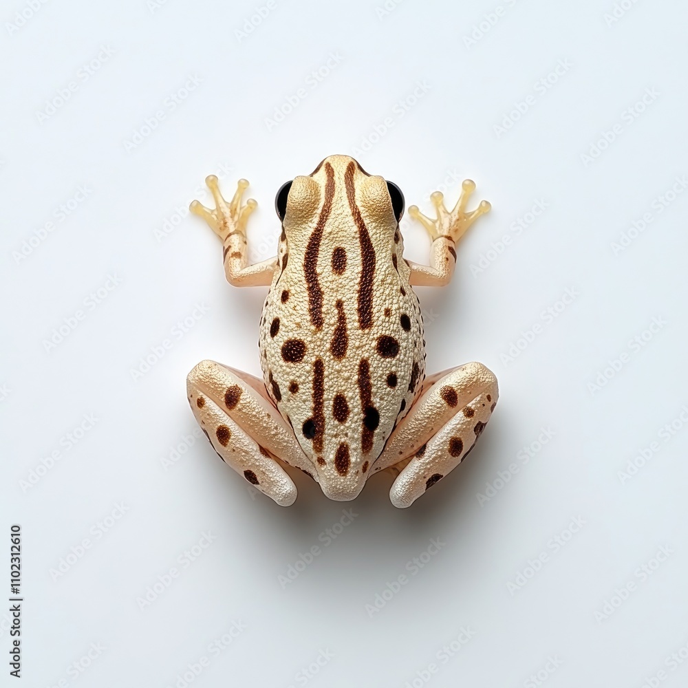 Poster detailed close-up of a brown-spotted frog on a smooth white surface emphasizing intricate patterns a