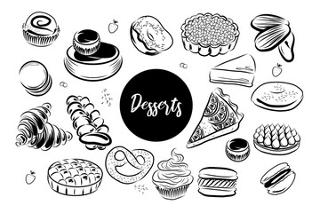 Dessert. Croissant, cake, pie, macaroons, madeleine, pretzels, donut. Hand drawn vector isolated set.