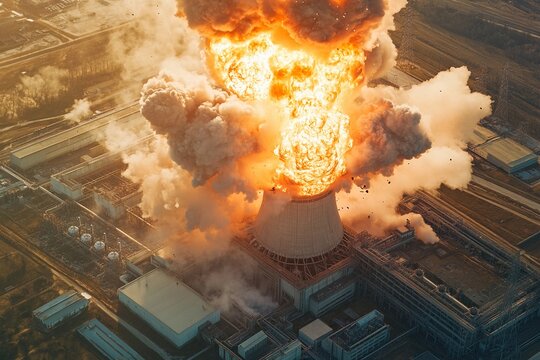 Catastrophic explosion at a power facility creates an alarming cloud of smoke. Generative AI