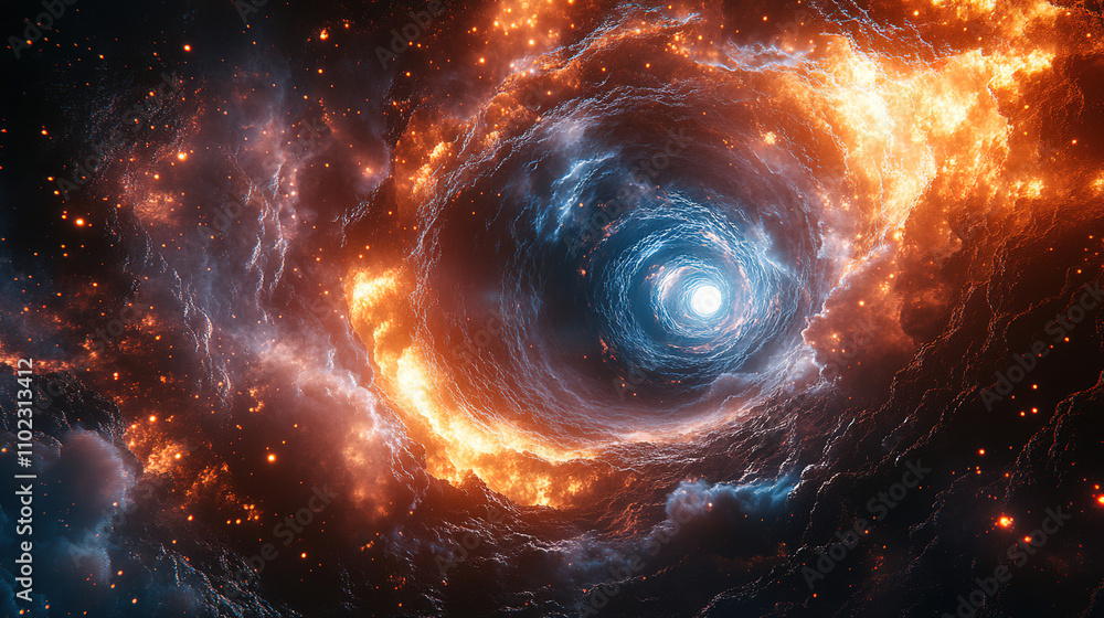 Poster celestial vortex with fiery tendrils and swirling galaxies in deep space. generative ai