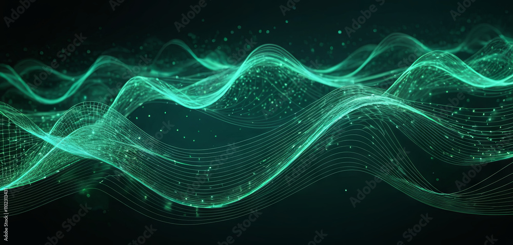 Poster a dynamic display of green waves illustrates the movement of sound and data in a digital space, show