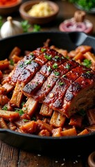 Glazed smoked meatloaf with barbecue sauce served on a skillet with vegetables and herbs, food concept