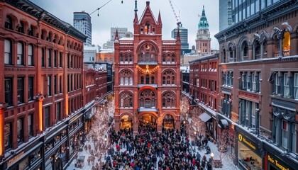 Midnight city skyline illuminated by fireworks as crowds celebrate in the streets below