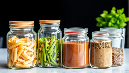Glass jars filled with pasta, green beans, sauces, and spices are lined up on a countertop. A small green plant adds a touch of freshness to the arrangement