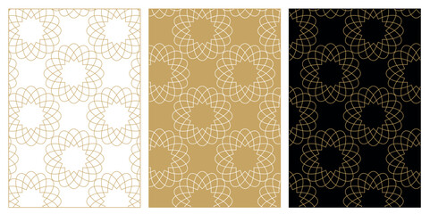 Set of patterns with crosses, stripes, lines. Seamless vector background. White, gold and black ornament. Modern reticulated graphic design.