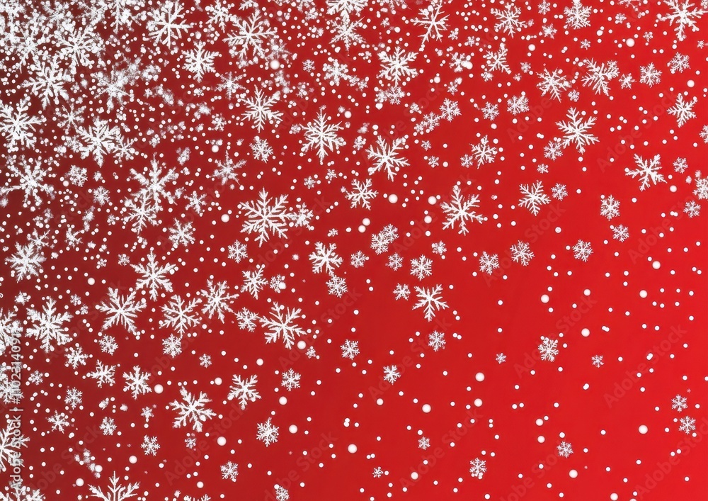 Poster red background with white snowflakes, a simple illustration featuring basic shapes and a gradient ef