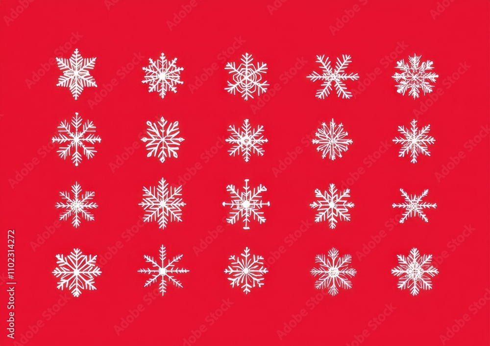 Poster red background with white snowflakes simple lines and shapes, red color scheme generative ai