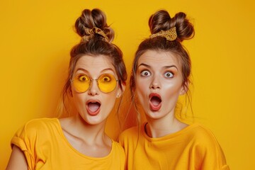 Obraz premium Portrait of two cheerful girls on bright yellow background.