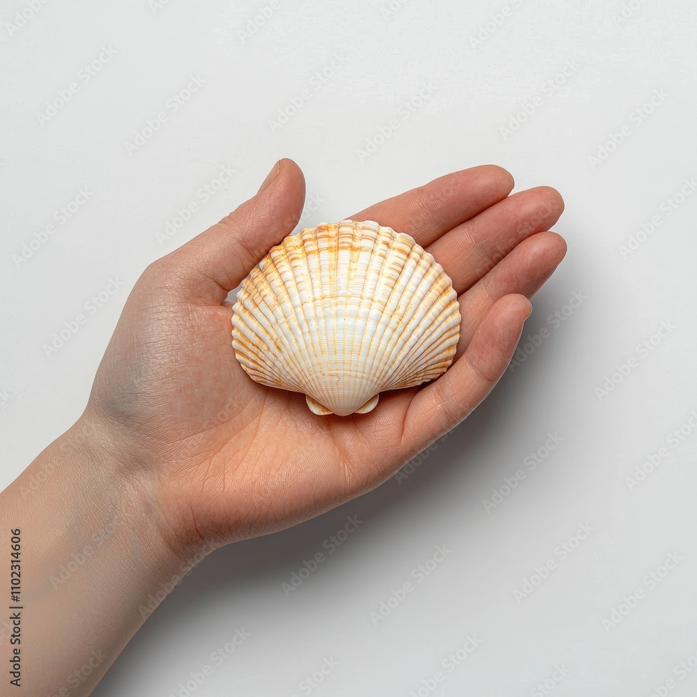 Poster close-up of a beautiful scallop shell held in an outstretched hand, showcasing intricate details and