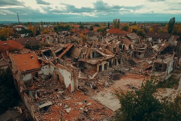 Fototapeta premium Devastation is revealed in a once vibrant neighborhood after disaster strikes. Generative AI