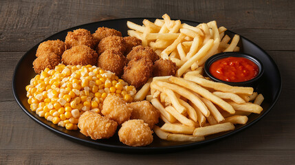 Naklejka premium Sampler Plate with Onion Rings, Corn Nuggets, and Fries