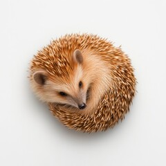 Obraz premium Adorable Close-Up of a Hedgehog Curled in a Fetal Position on a Soft White Surface, Showcasing Its Distinctive Spines and Charming Facial Features