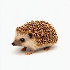 Obraz premium Adorable young hedgehog standing on a white background, showcasing its unique spines and quills with a curious expression and small paws ready to explore its environment.