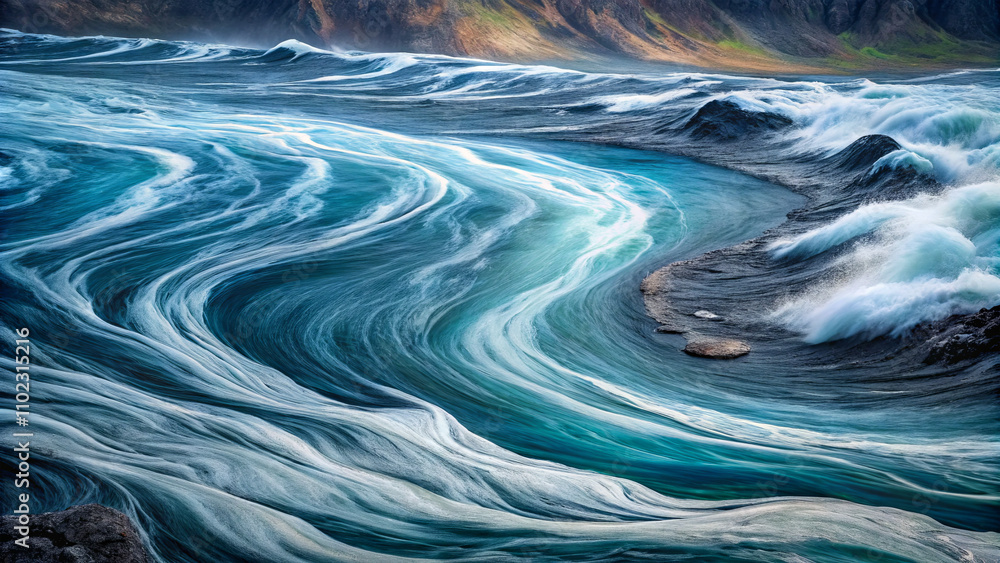 Poster waves roll and swirl in various shades of blue, creating intricate patterns against rocky shores as 