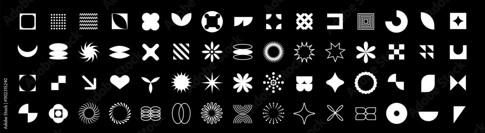 Poster a brutalist style collection featuring round shapes and simple forms, combining stars and spiral sym