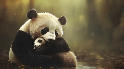 A rare, endangered giant panda, a symbol of China, peacefully munches on bamboo in its natural habitat