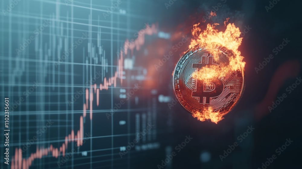 Poster bitcoin cryptocurrency coin burning in flames with stock market chart showing decrease, illustrating