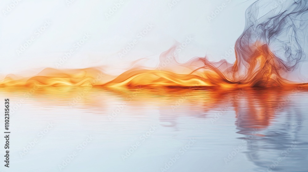 Poster abstract representation of flowing fire and smoke merging with calm water surface, showcasing vivid 