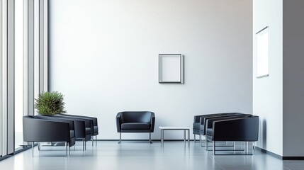 Minimalist Corporate Office Lobby with Modern Furniture and Large Windows