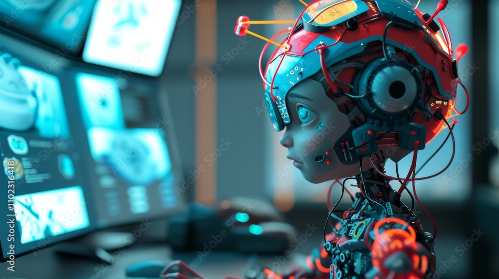 Poster a close-up of a futuristic childlike robot interacting with screens and systems, reflecting advanced