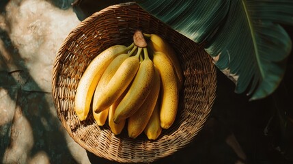 A Vibrant Collection of Ripe Yellow Bananas Arranged Neatly in a Handmade Woven Basket Surrounded by Lush Greenery and Natural Light