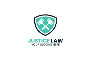 Green shield logo with crossed gavels representing justice and legal authority.