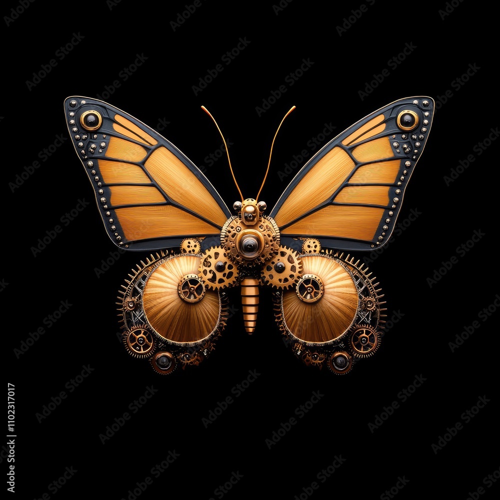 Poster mechanical butterfly with steampunk design featuring intricate gears and clockwork elements in a str