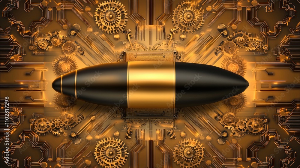 Poster futuristic digital artwork featuring a sleek black and gold bullet surrounded by intricate gears and