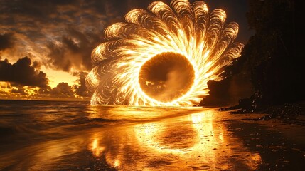 Golden trails of fireworks forming a radiant spiral, reflecting in the ocean during a New Year celebration