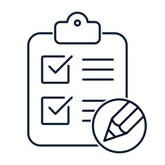 Clipboard, check mark, pencil. Concept of pass the test, fill out the questionnaire. Vector linear icon isolated on white background.