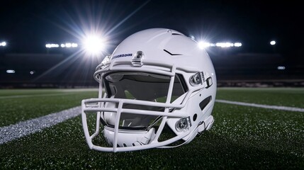 A gleaming white football helmet on a field at night.  A symbol of protective gear and athletic competition.