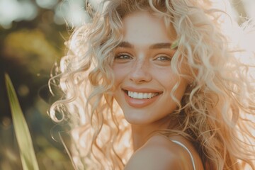 Fototapeta premium Portrait of happy blonde girl in outdoor fashion setting.