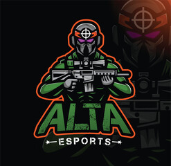 Gun and Soldier Vector Mascot Logo for Gaming, Twitch, Esports, and Cartoon Design