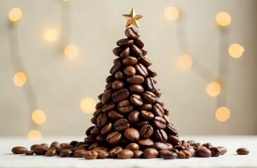Christmas tree made of many coffee beans on a light background with garlands and bokeh, copy space