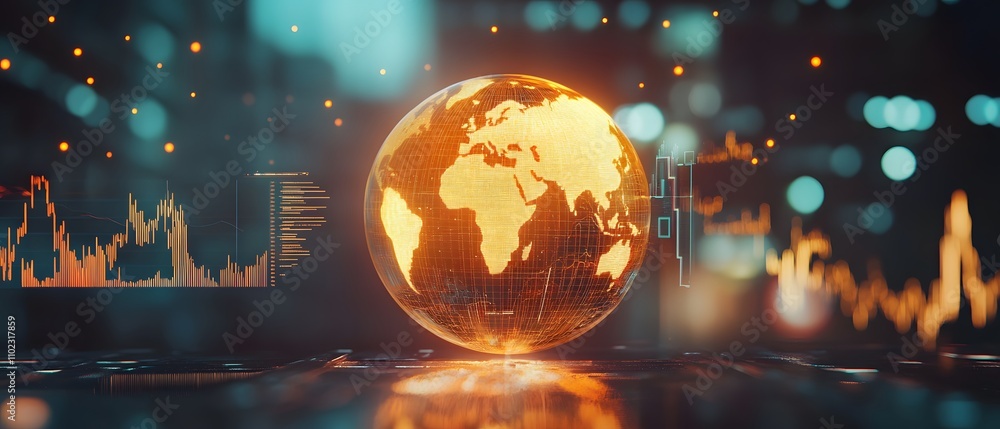 Poster glowing globe with data visualization elements.