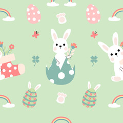 Seamless pattern with art design elements, and colorful Easter eggs.